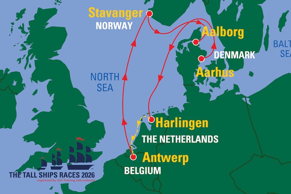 Kart over ruten for Tall Ships Races 2026